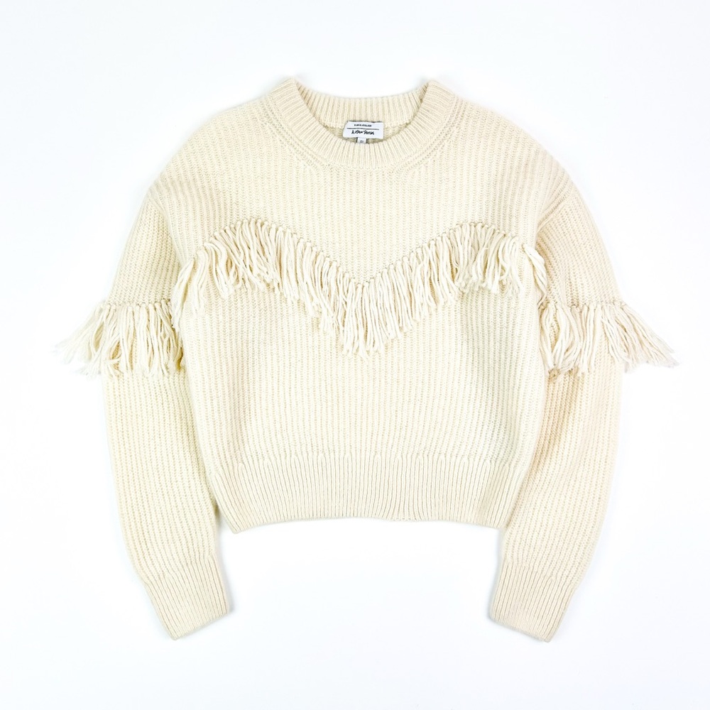 & Other Stories Wool Alpaca Cream Fringe‎ Ribbed Knit Sweater Women’s Size Small
